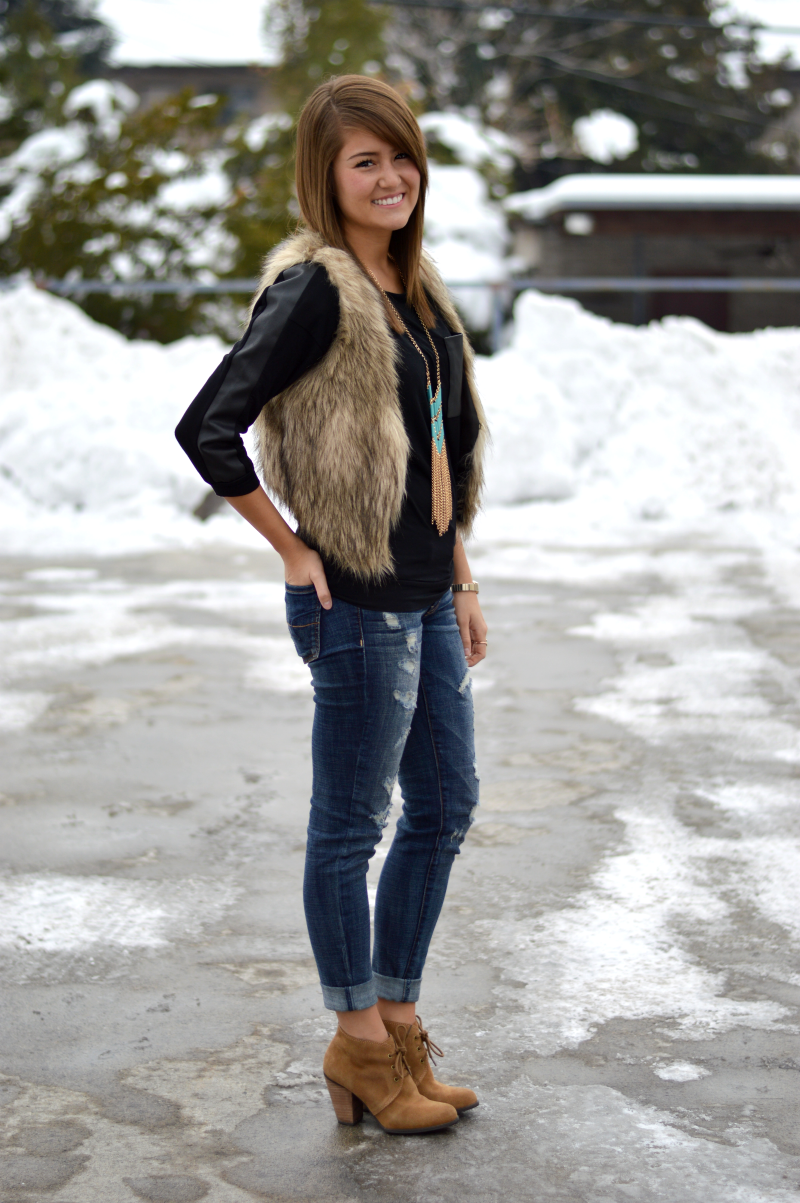 How to wear a fur vest - cropped and casual.